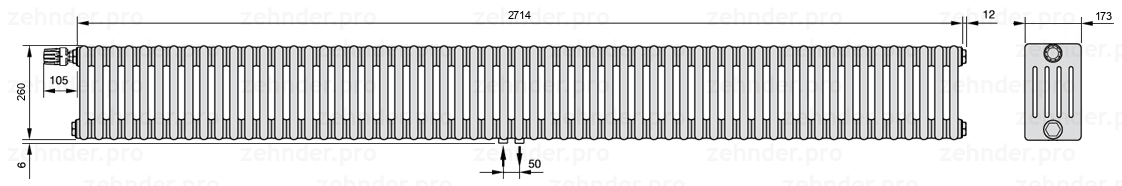 Схема (чертеж) Радиатор Zehnder Charleston 5026/59 №V007 Белый глянцевый RAL 9016